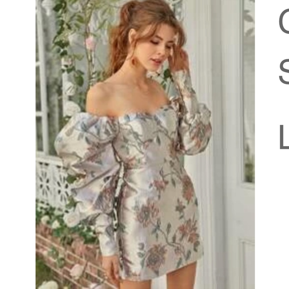 Gigot sleeve bustier sweetheart jacquard satin dress. Worn once. Size Large 8/10